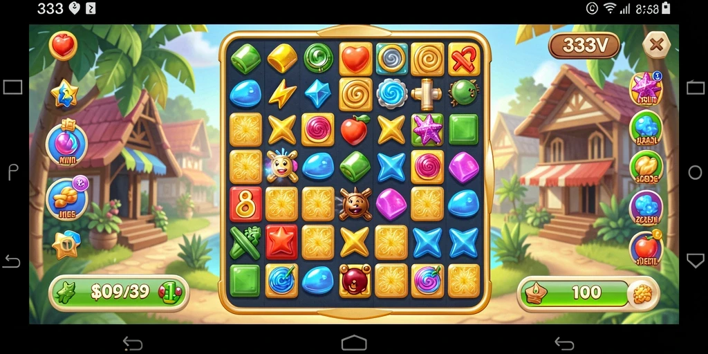 Screenshot permainan 333V dengan gameplay Match-3 yang mendebarkan.