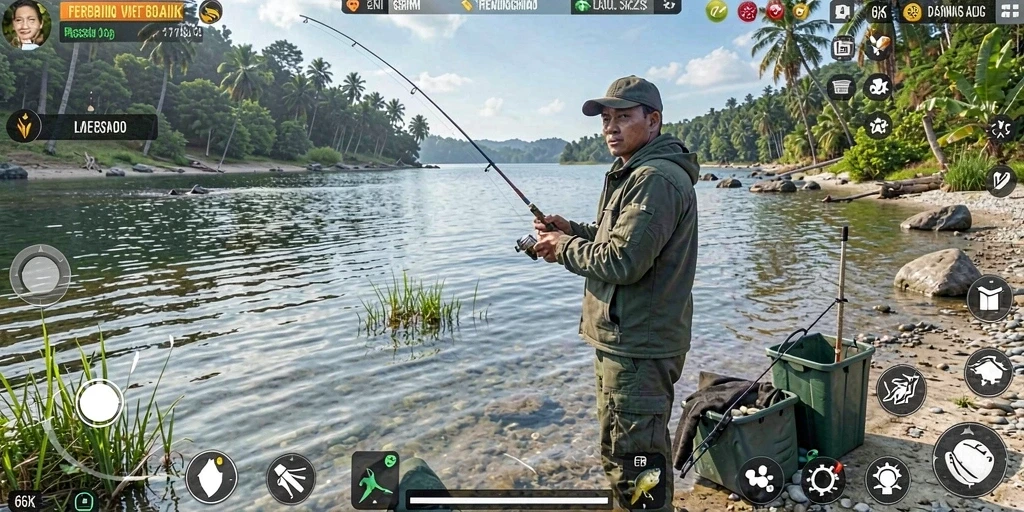 Screenshot dari gameplay 66K yang menunjukkan suasana memancing yang menenangkan.