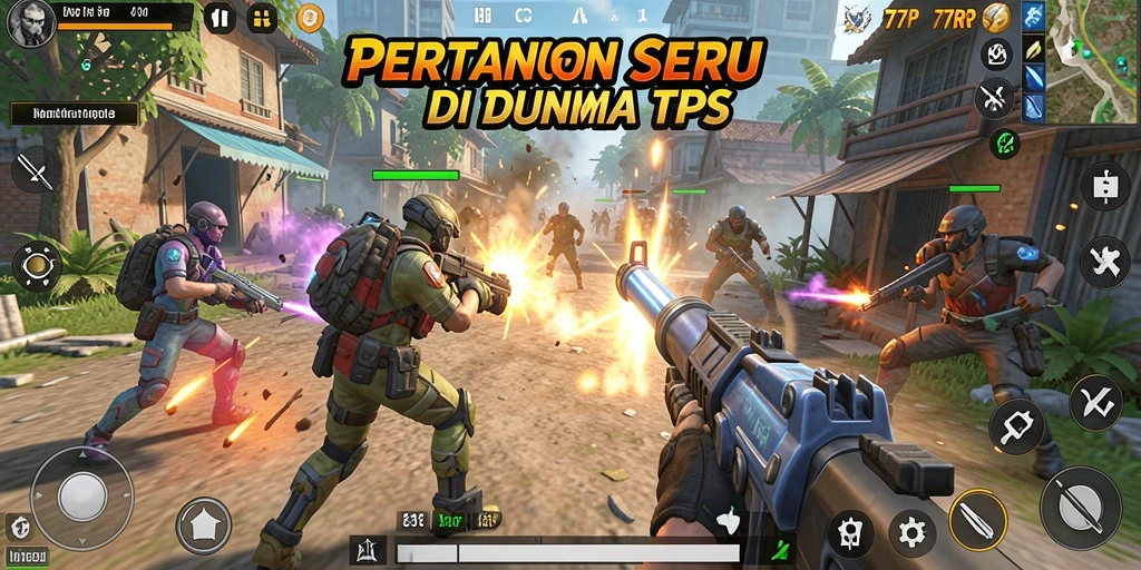 Screenshot menunjukkan aksi intens dalam gameplay TPS 77RP.