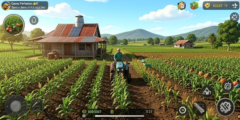 Screenshot gameplay 93337 menampilkan ladang hijau yang subur dan aktivitas bertani.