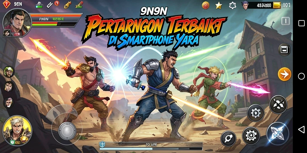 Tangkapan layar utama 9N9N menampilkan aksi pertarungan seru dan karakter yang dinamis.