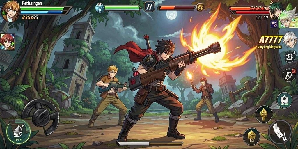 Screenshot menampilkan karakter anime dalam pertarungan epik.