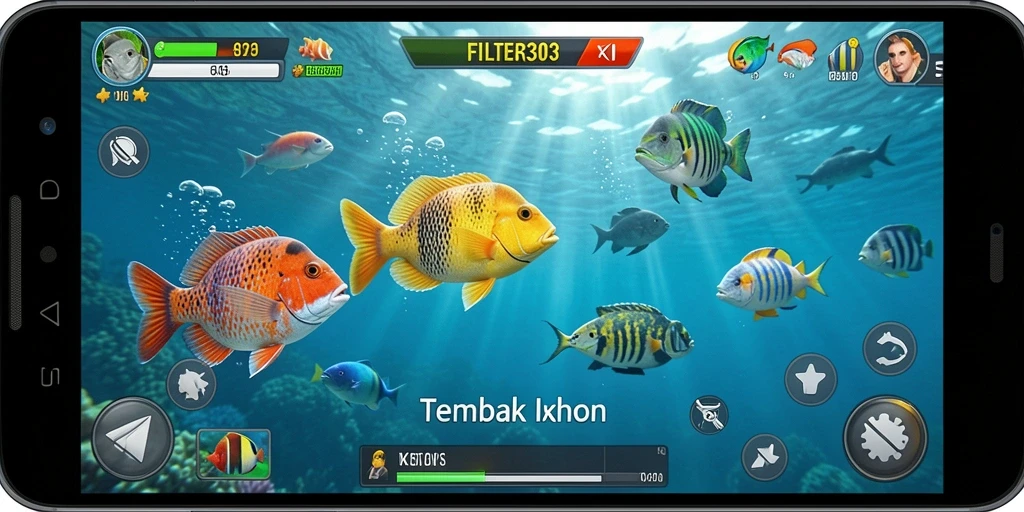 Tampilan gameplay seru dari FILTER303 saat menembak ikan berwarna-warni.