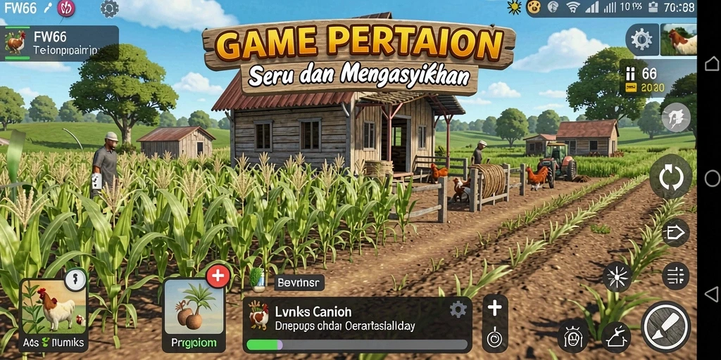 Screenshot menunjukkan aktivitas pertanian yang penuh warna dan menarik di FW66.