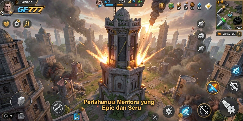 Tampilan gameplay seru dan strategi dalam GF777 Tower Defense.
