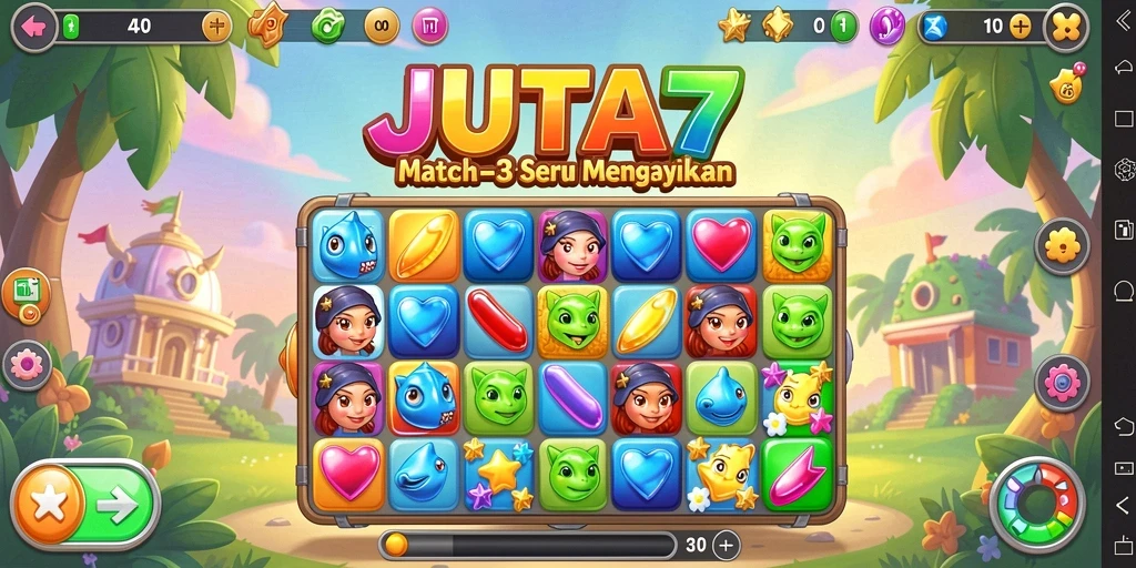 Gameplay seru JUTA7 dengan blok warna-warni dan tantangan Match-3.