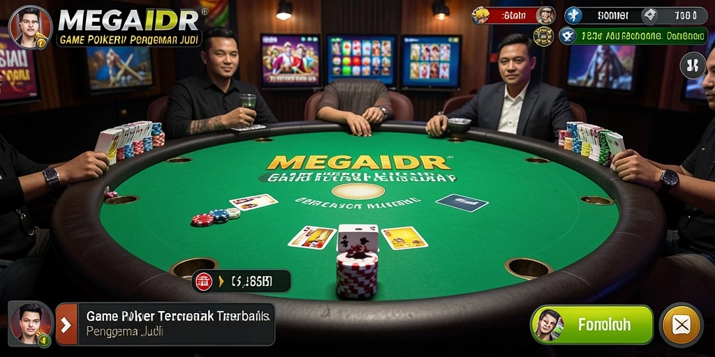 Screenshot gameplay MEGAIDR menunjukkan suasana poker yang mendebarkan.