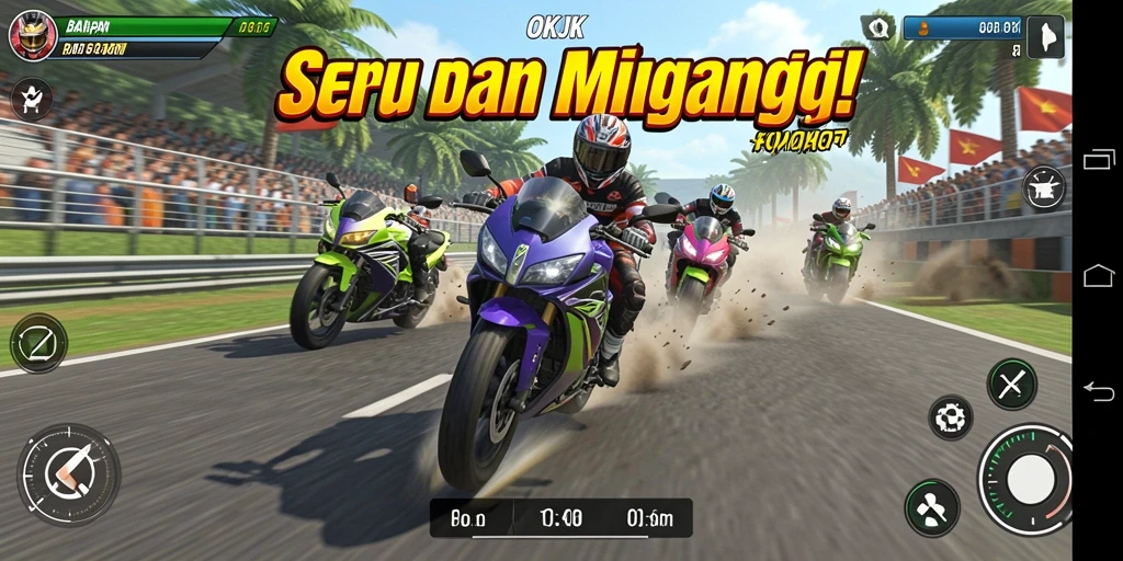 Tangkapan layar OKJK menampilkan balapan motor yang seru dan mendebarkan.