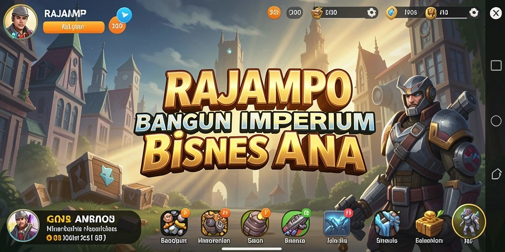 Screenshot utama RAJAMPO menampilkan aksi seru dalam membangun bisnis.