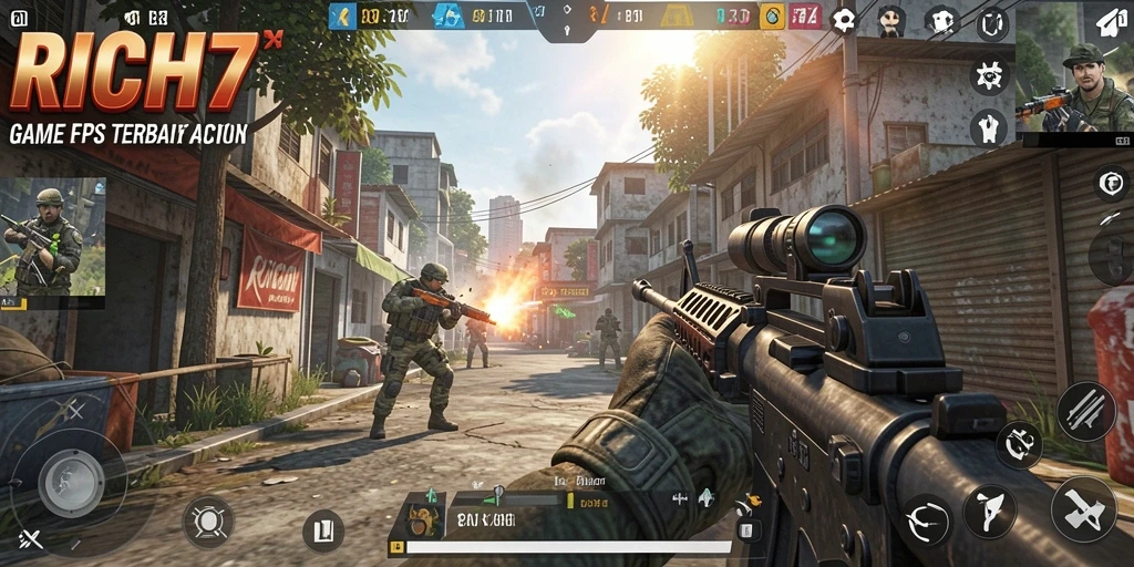Screenshot RICH7 yang menunjukkan aksi intens dalam mode FPS.