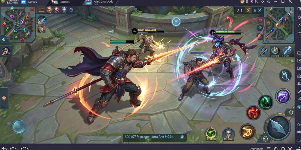 Screenshot menunjukkan pertempuran intens di arena MOBA.